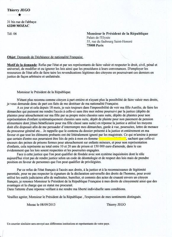 Lettre de demande de nationalité française