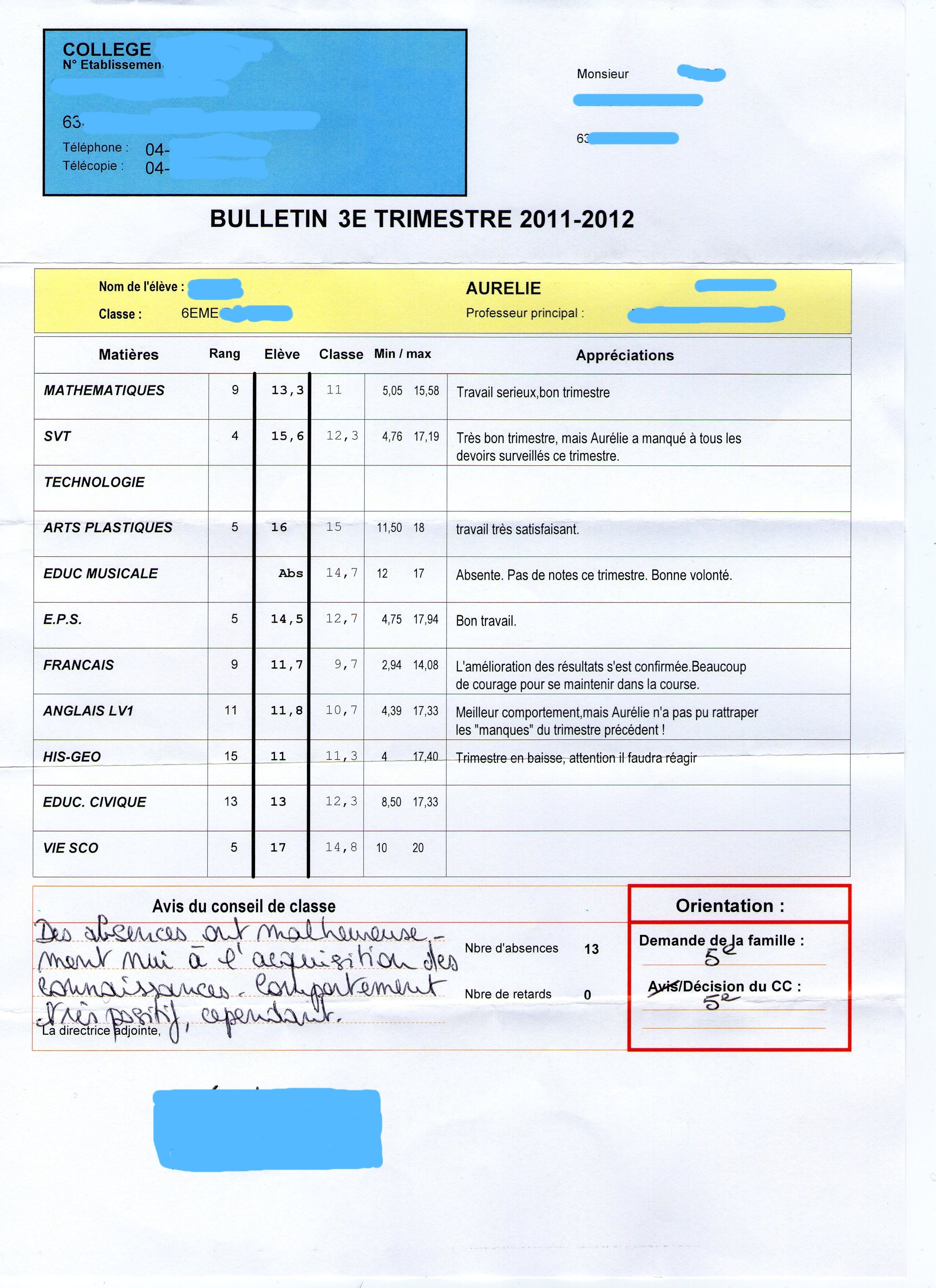 Bulletin scolaire du 3e trimestre